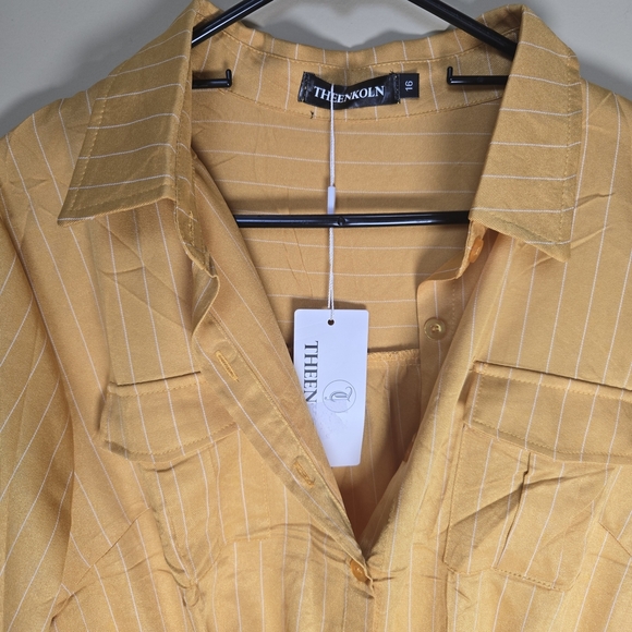 Golden Mustard 3/4 Sleeve Dress Cinch Waist Striped Midi - Picture 2 of 5